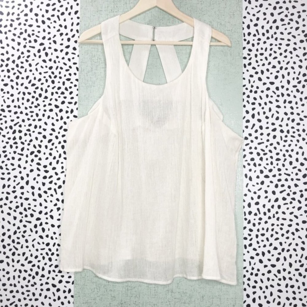 White Boho Crepe Crinkle Pleated Linen Blend Top